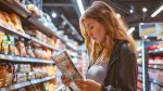 Female reading the back of a nutrition label on a packaged food