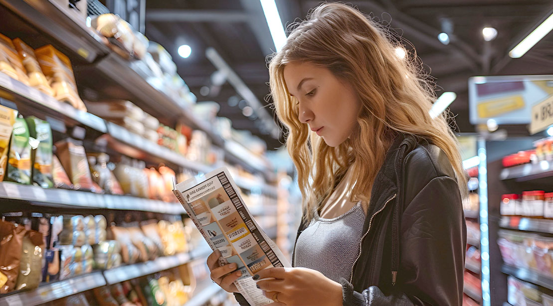 Female reading the back of a nutrition label on a packaged food