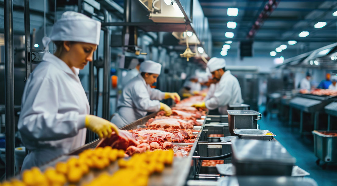 Food processing plant creating ultra-processed foods in a factory